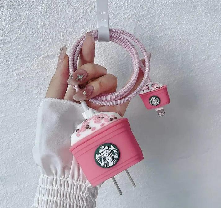 Iphone Charger Case Cover - Starbucks Cappuccino Lover - 4 Piece Set (With Wire Protector)