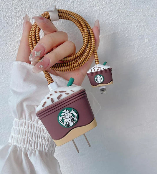Iphone Charger Case Cover - Starbucks Cappuccino Lover - 4 Piece Set (With Wire Protector)