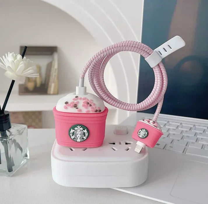 Iphone Charger Case Cover - Starbucks Cappuccino Lover - 4 Piece Set (With Wire Protector)