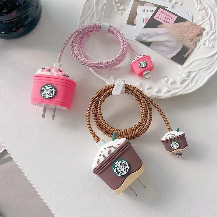 Iphone Charger Case Cover - Starbucks Cappuccino Lover - 4 Piece Set (With Wire Protector)