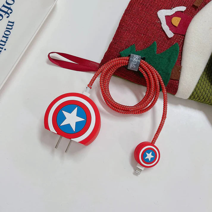 Iphone Charger Case Cover - Captain America Shield - 4 Piece Set (With Wire Protector)
