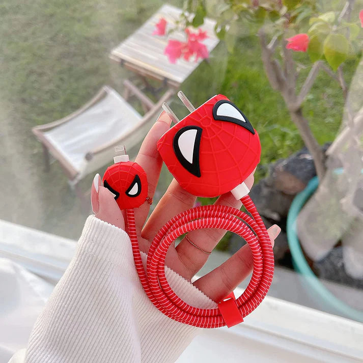 Iphone Charger Case Cover - Spiderman - 4 Piece Set (With Wire Protector)